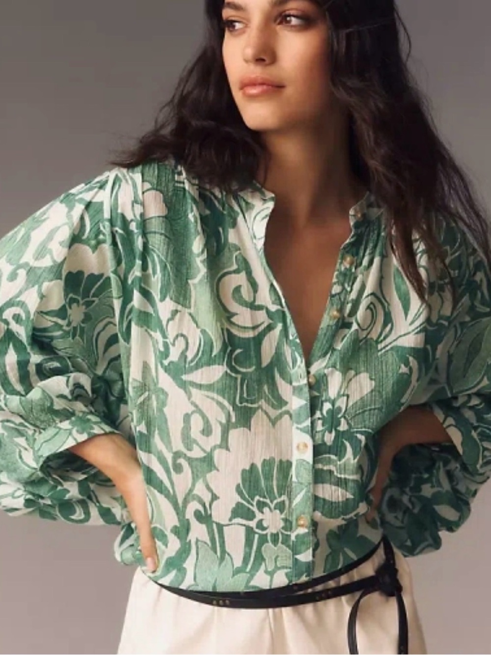 ANTHROPOLOGIE The Sidney Batwing Blouse by Pilcro Green Leaves Floral XS EUC